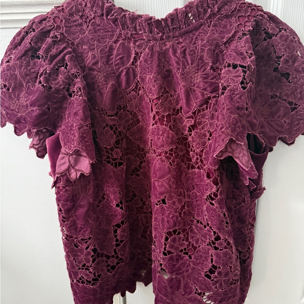 Anthropologie Plum Lace Ruffle Short Sleeve Blouse